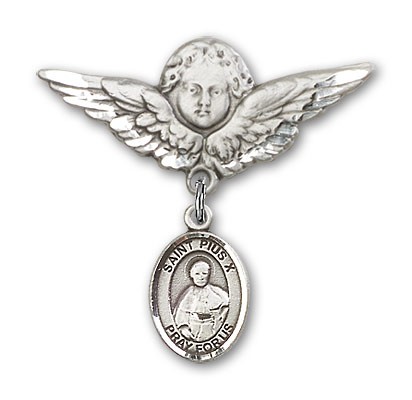Pin Badge with St. Pius X Charm and Angel with Larger Wings Badge Pin - Silver tone