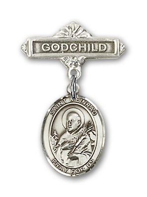 Pin Badge with St. Meinrad of Einsideln Charm and Godchild Badge Pin - Silver tone