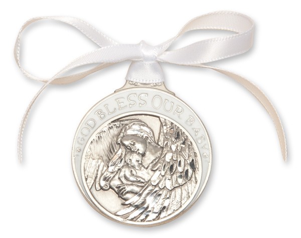 White Ribbon Guardian Angel Crib Medal in Pewter - White | Silver