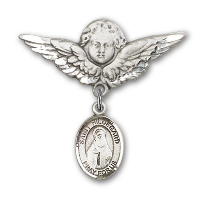 Pin Badge with St. Hildegard Von Bingen Charm and Angel with Larger Wings Badge Pin - Silver tone