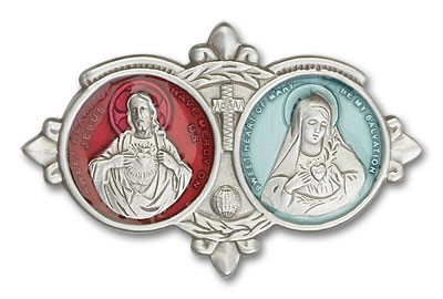 Sacred Heart of Jesus and Immaculate Heart of Mary Visor Clip - Silver | Red