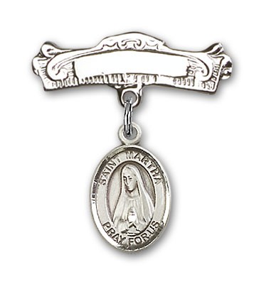 Pin Badge with St. Martha Charm and Arched Polished Engravable Badge Pin - Silver tone