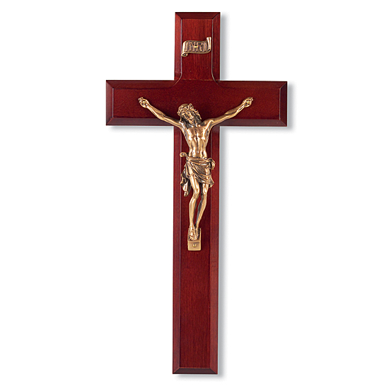 Dark Cherry Wood Wall Crucifix Museum Goldtone Corpus- 10 inch - Cherry Wood
