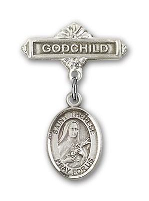 Pin Badge with St. Therese of Lisieux Charm and Godchild Badge Pin - Silver tone