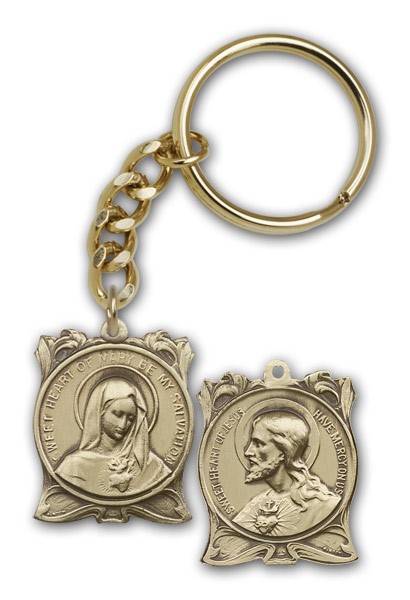 Immaculate Heart of Mary and Sacred Heart of Jesus Keychain - Antique Gold