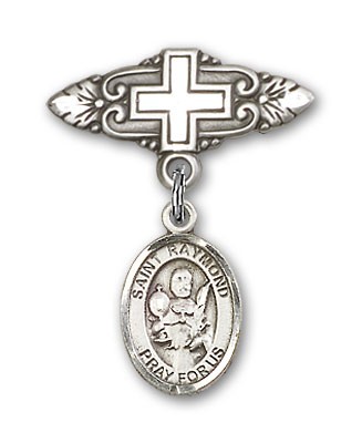 Pin Badge with St. Raymond Nonnatus Charm and Badge Pin with Cross - Silver tone