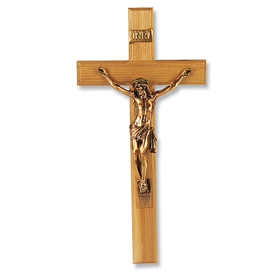 Oak Wall Crucifix with Gold-tone Corpus - 13 inch - Brown