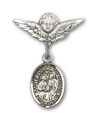 Pin Badge with Sts. Cosmas &amp; Damian Charm and Angel with Smaller Wings Badge Pin - Silver tone