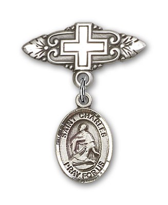 Pin Badge with St. Charles Borromeo Charm and Badge Pin with Cross - Silver tone