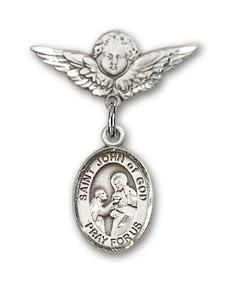 Pin Badge with St. John of God Charm and Angel with Smaller Wings Badge Pin - Silver tone