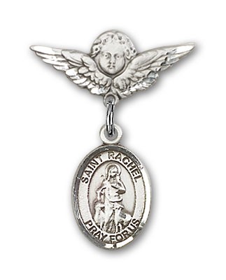 Pin Badge with St. Rachel Charm and Angel with Smaller Wings Badge Pin - Silver tone