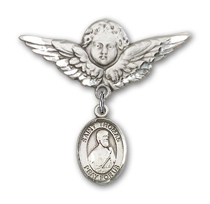 Pin Badge with St. Thomas the Apostle Charm and Angel with Larger Wings Badge Pin - Silver tone