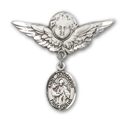 Pin Badge with St. Januarius Charm and Angel with Larger Wings Badge Pin - Silver tone