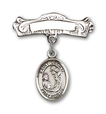 Pin Badge with St. Cecilia Charm and Arched Polished Engravable Badge Pin - Silver tone