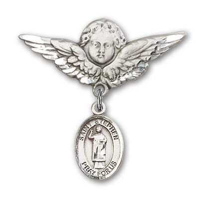 Pin Badge with St. Stephen the Martyr Charm and Angel with Larger Wings Badge Pin - Silver tone