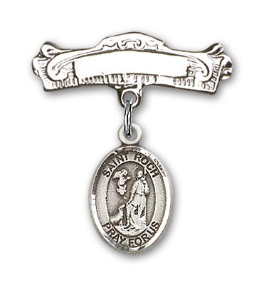 Pin Badge with St. Roch Charm and Arched Polished Engravable Badge Pin - Silver tone