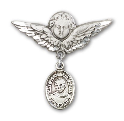 Pin Badge with St. Maximilian Kolbe Charm and Angel with Larger Wings Badge Pin - Silver tone