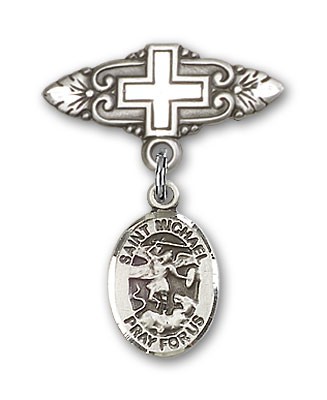 Pin Badge with St. Michael the Archangel Charm and Badge Pin with Cross - Silver tone