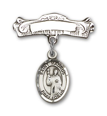 Pin Badge with St. Maurus Charm and Arched Polished Engravable Badge Pin - Silver tone