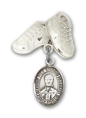 Pin Badge with Blessed Pier Giorgio Frassati Charm and Baby Boots Pin - Silver tone