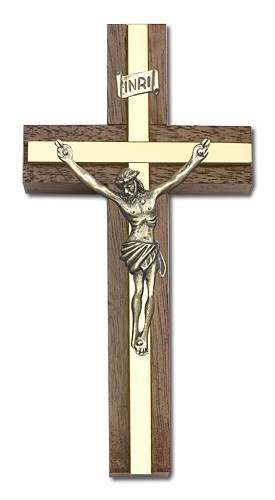 Classic Crucifix Wall Cross in Walnut and Metal Inlay 4&quot; - Gold Tone