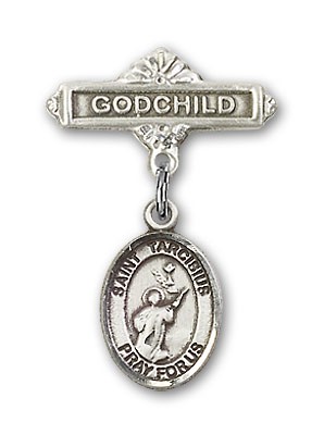 Pin Badge with St. Tarcisius Charm and Godchild Badge Pin - Silver tone