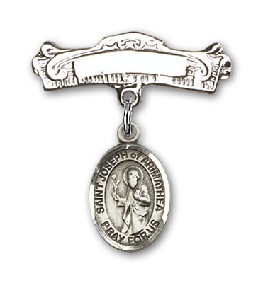 Pin Badge with St. Joseph of Arimathea Charm and Arched Polished Engravable Badge Pin - Silver tone