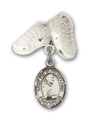 Pin Badge with St. Pio of Pietrelcina Charm and Baby Boots Pin - Silver tone