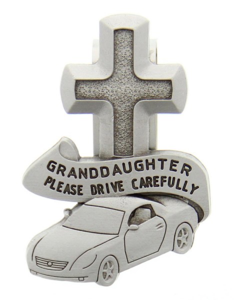 Granddaughter Please Drive Carefully Visor Clip, Pewter - 2 1/2&quot;H - Silver