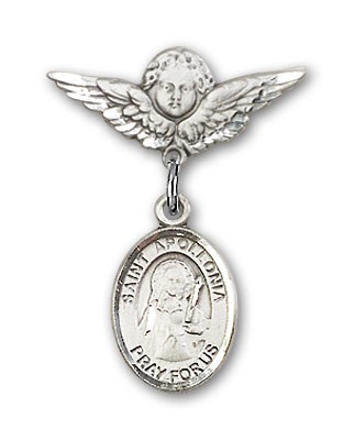 Pin Badge with St. Apollonia Charm and Angel with Smaller Wings Badge Pin - Silver tone