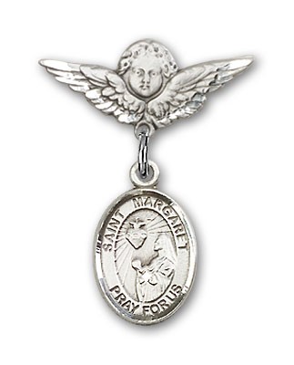 Pin Badge with St. Margaret Mary Alacoque Charm and Angel with Smaller Wings Badge Pin - Silver tone