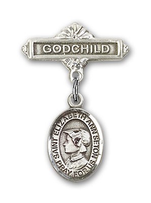 Pin Badge with St. Elizabeth Ann Seton Charm and Godchild Badge Pin - Silver tone