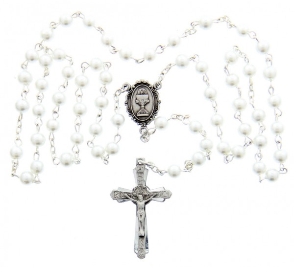 First Communion White Pearl Rosary with Chalice Centerpiece - White