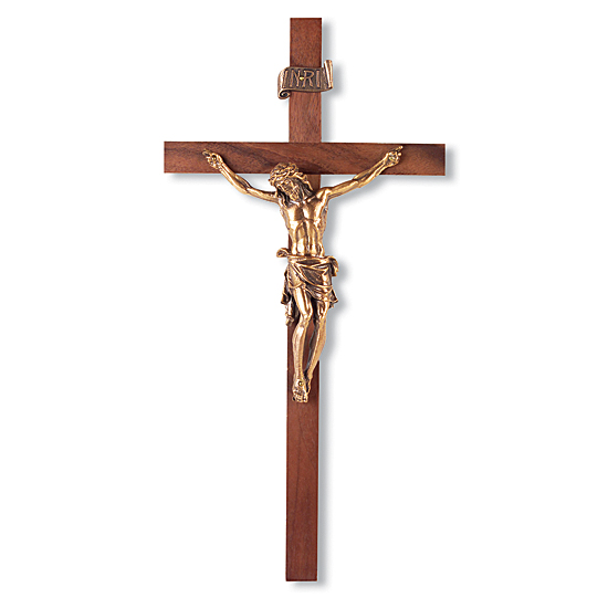 INRI Gold-tone Walnut Wall Crucifix - 11 inch - Brown