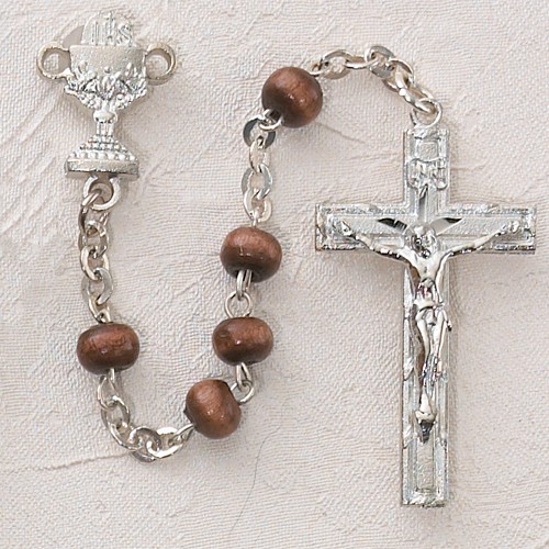 Boy's First Communion Rosary with Wood Beads - Brown