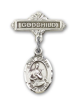 Pin Badge with St. Gerard Charm and Godchild Badge Pin - Silver tone
