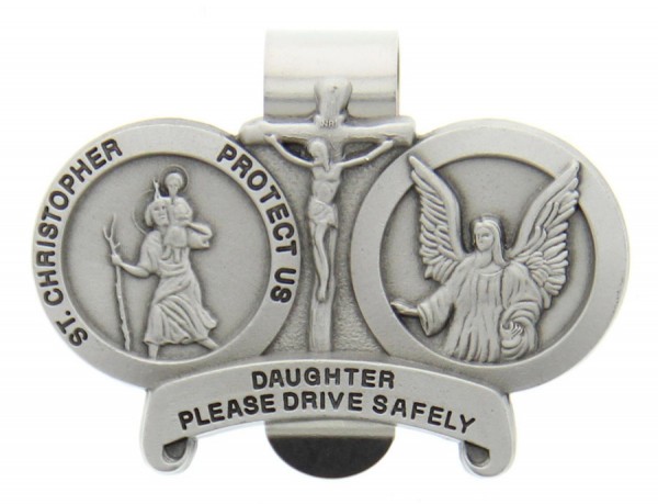 St. Christopher &amp; Guardian Angel Protect My Daughter Visor Clip - Silver