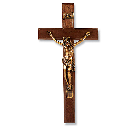 Gold-tone Corpus and Walnut Wall Crucifix - 13 inch - Brown
