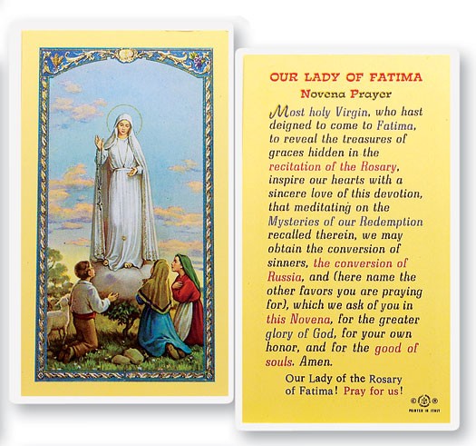 Our Lady of Fatima - Novena Laminated Prayer Card - 25 Cards Per Pack .80 per card