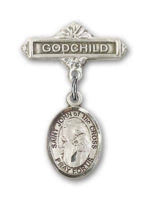 Pin Badge with St. John of the Cross Charm and Godchild Badge Pin - Silver tone