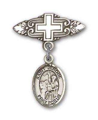 Pin Badge with St. Jerome Charm and Badge Pin with Cross - Silver tone