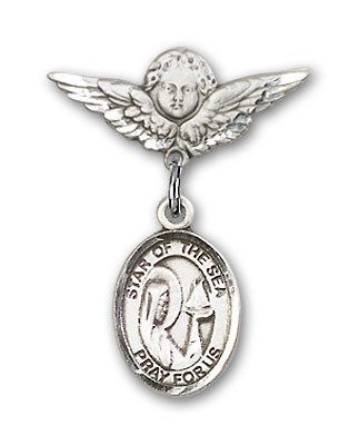 Pin Badge with Our Lady Star of the Sea Charm and Angel with Smaller Wings Badge Pin - Silver tone