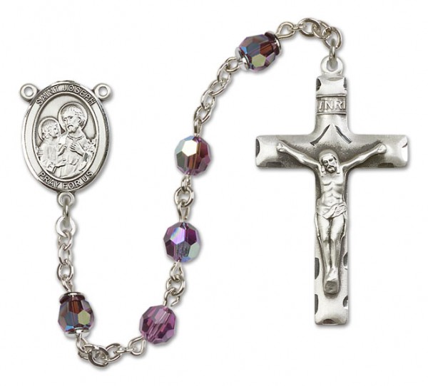 St. Joseph Sterling Silver Heirloom Rosary Squared Crucifix - Amethyst
