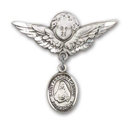 Pin Badge with St. Frances Cabrini Charm and Angel with Larger Wings Badge Pin - Silver tone