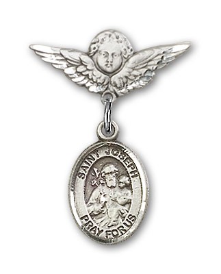 Pin Badge with St. Joseph Charm and Angel with Smaller Wings Badge Pin - Silver tone