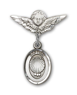 Baby Pin with Baptism Charm and Angel with Smaller Wings Badge Pin - Silver tone