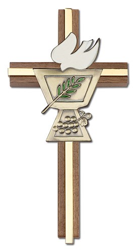 Confirmation Chalice and Dove Wall Cross in Walnut Wood with Metal Inlay 6&quot; - Gold Tone
