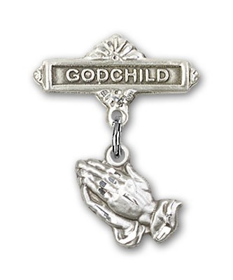 Baby Pin with Praying Hands Charm and Godchild Badge Pin - Silver tone