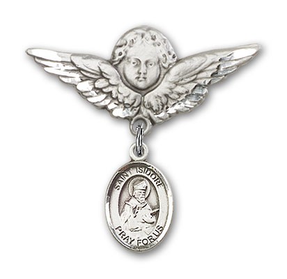 Pin Badge with St. Isidore of Seville Charm and Angel with Larger Wings Badge Pin - Silver tone