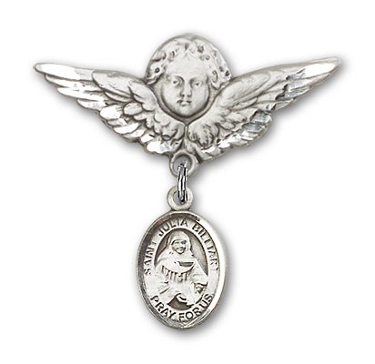 Pin Badge with St. Julia Billiart Charm and Angel with Larger Wings Badge Pin - Silver tone
